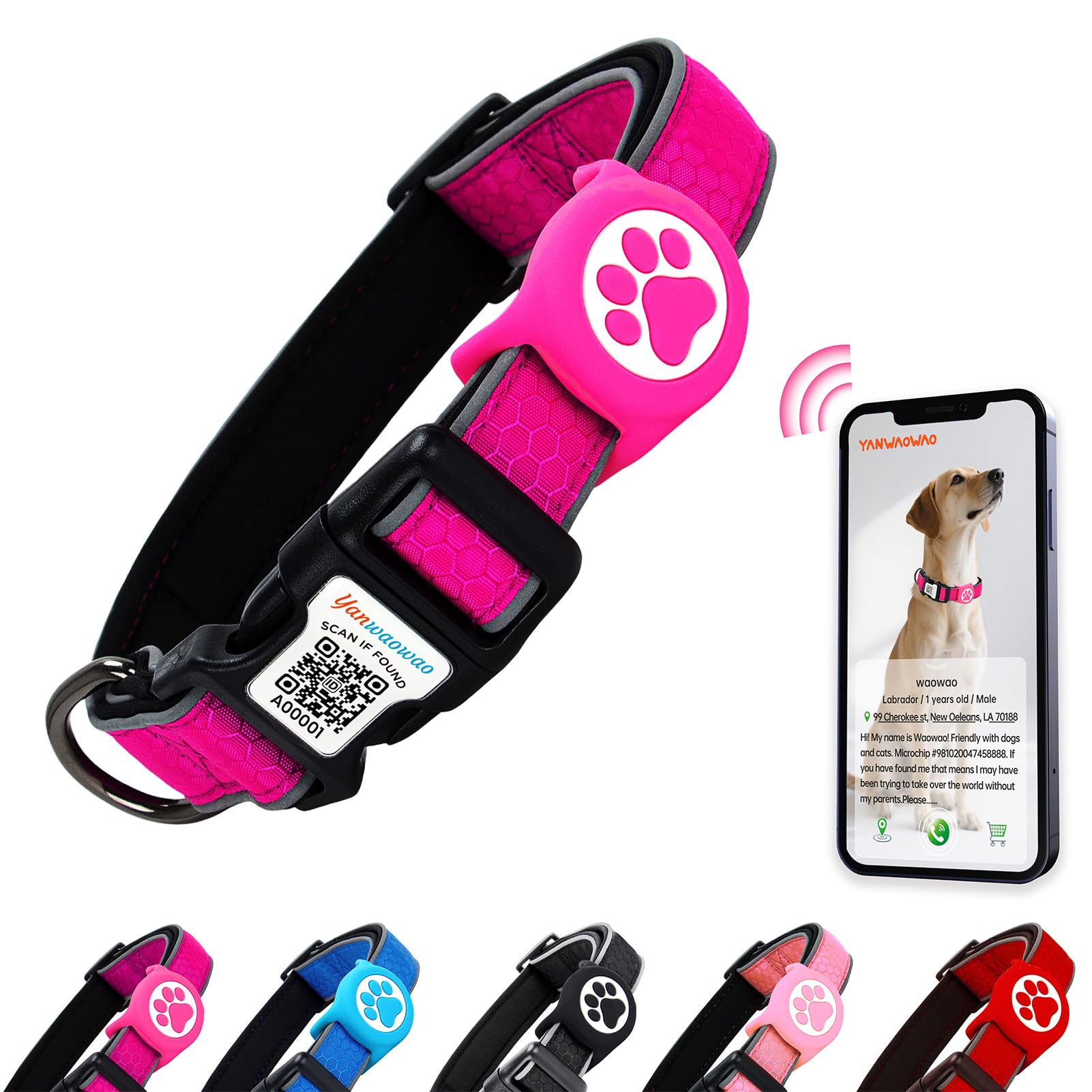 Yanwaowao Airtag dog collar hotpink close-up showing tracker-ready band for pets