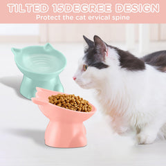 Yaomiao tilted cat food bowl highlights 15-degree incline for centered feeding.