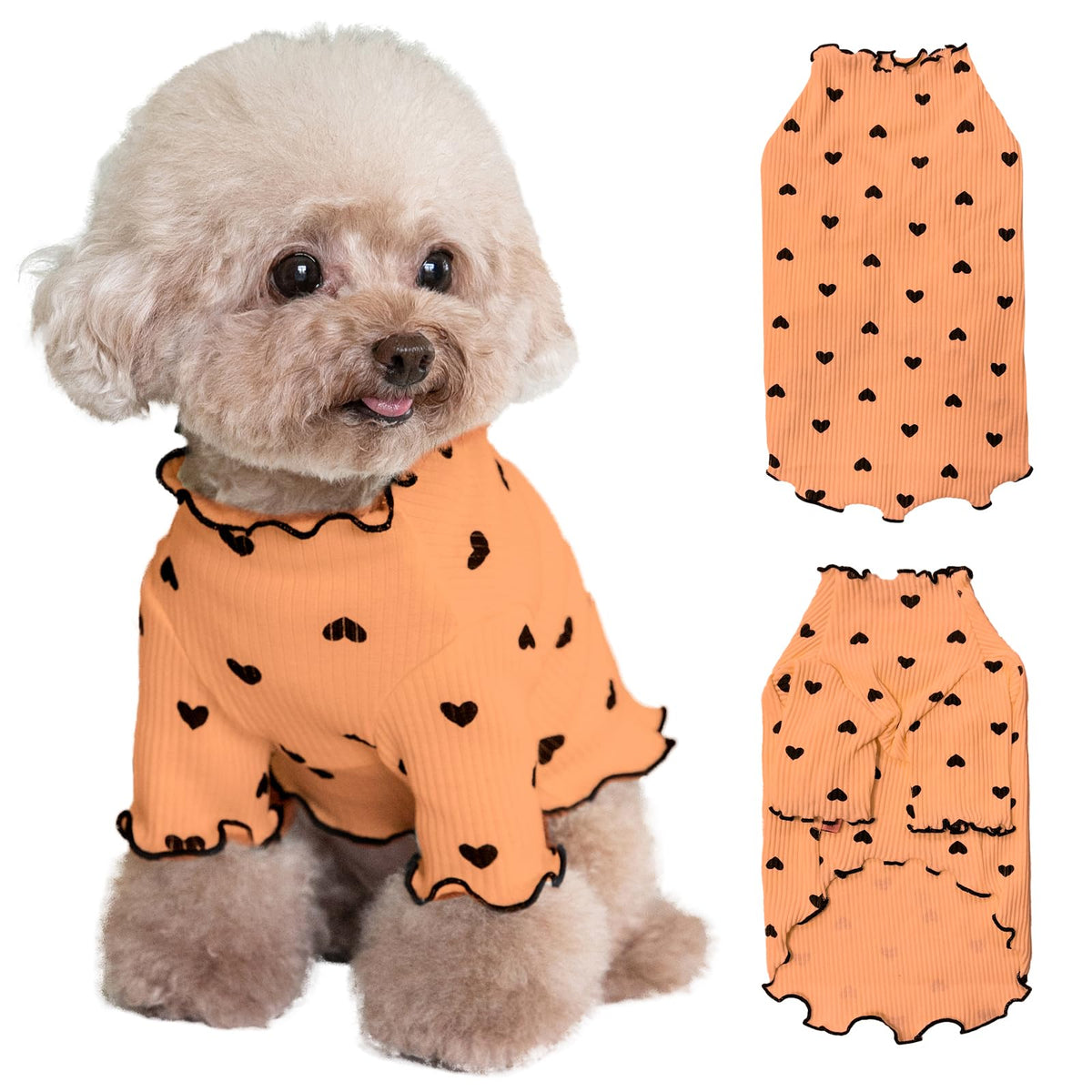 Yaopelky heart-print shirt in orange for small dogs on the front view, stylish and comfy