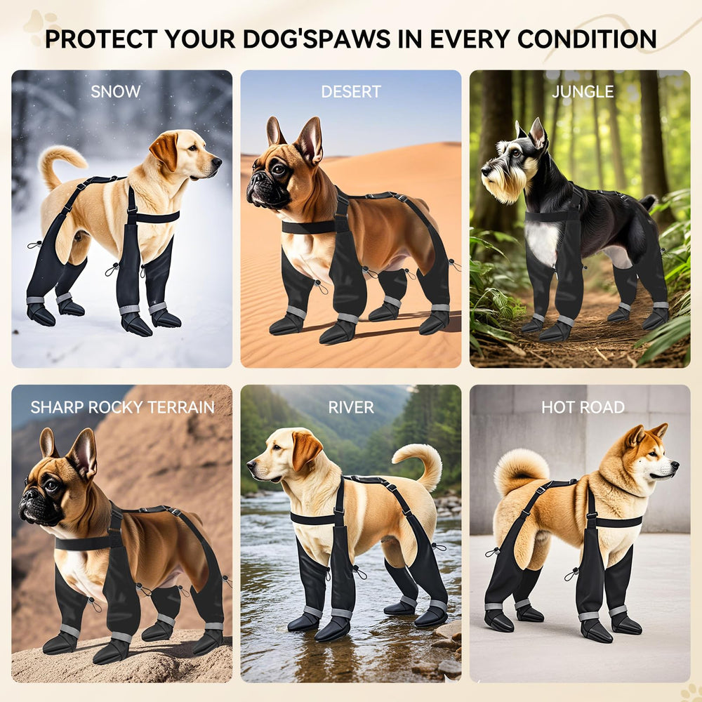 YAQUHO suspender boots protect paws during winter hiking on snowy trails.