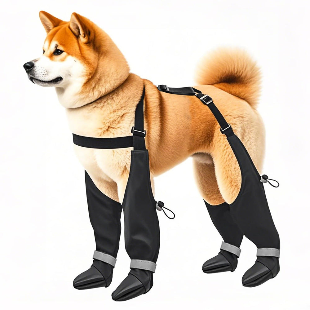 YAQUHO suspender dog boots show waterproof fabric for rainy-day paw protection.