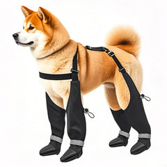 YAQUHO suspender dog boots show waterproof fabric for rainy-day paw protection.