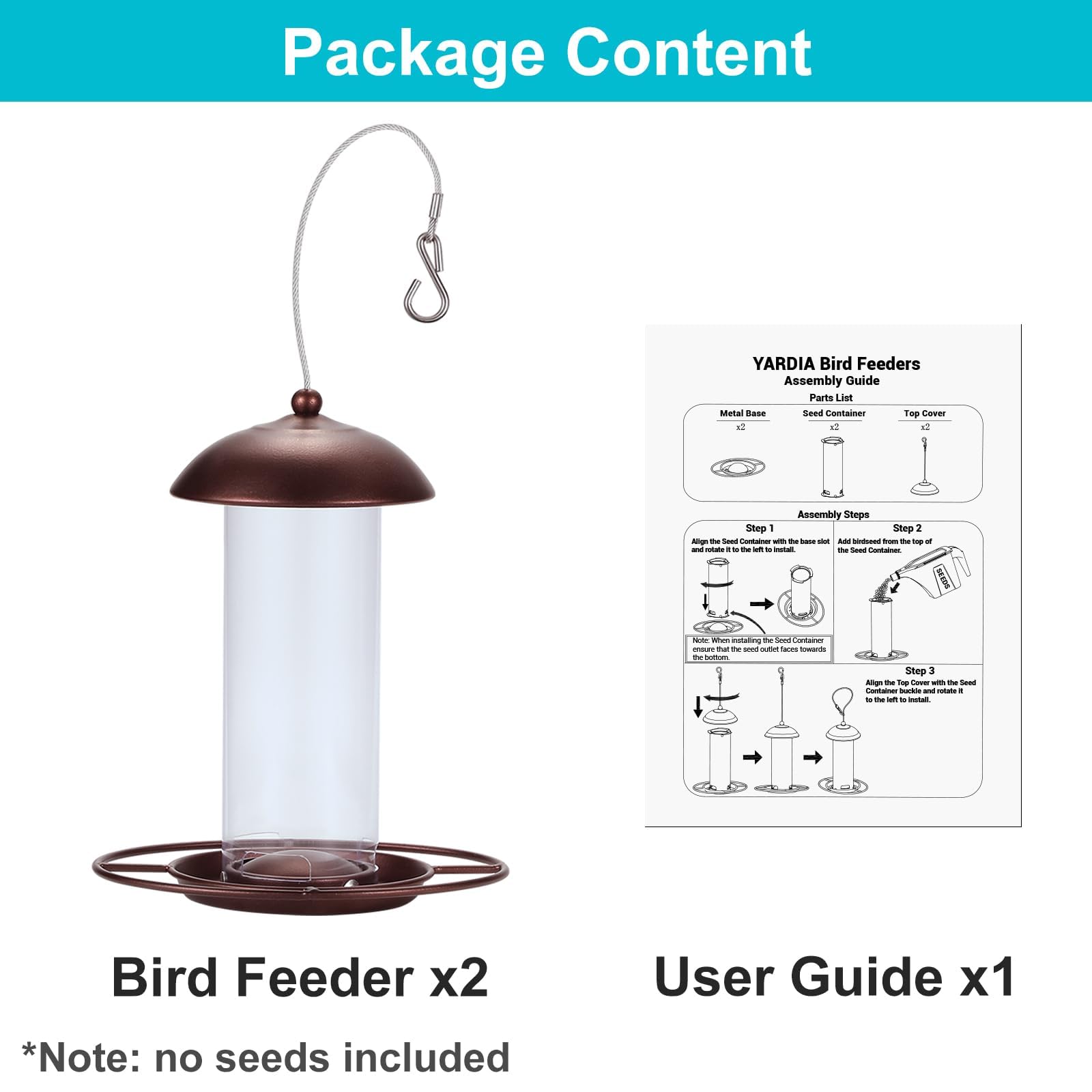 YARDIA feeder with strong wire lanyard enables secure outdoor hanging.