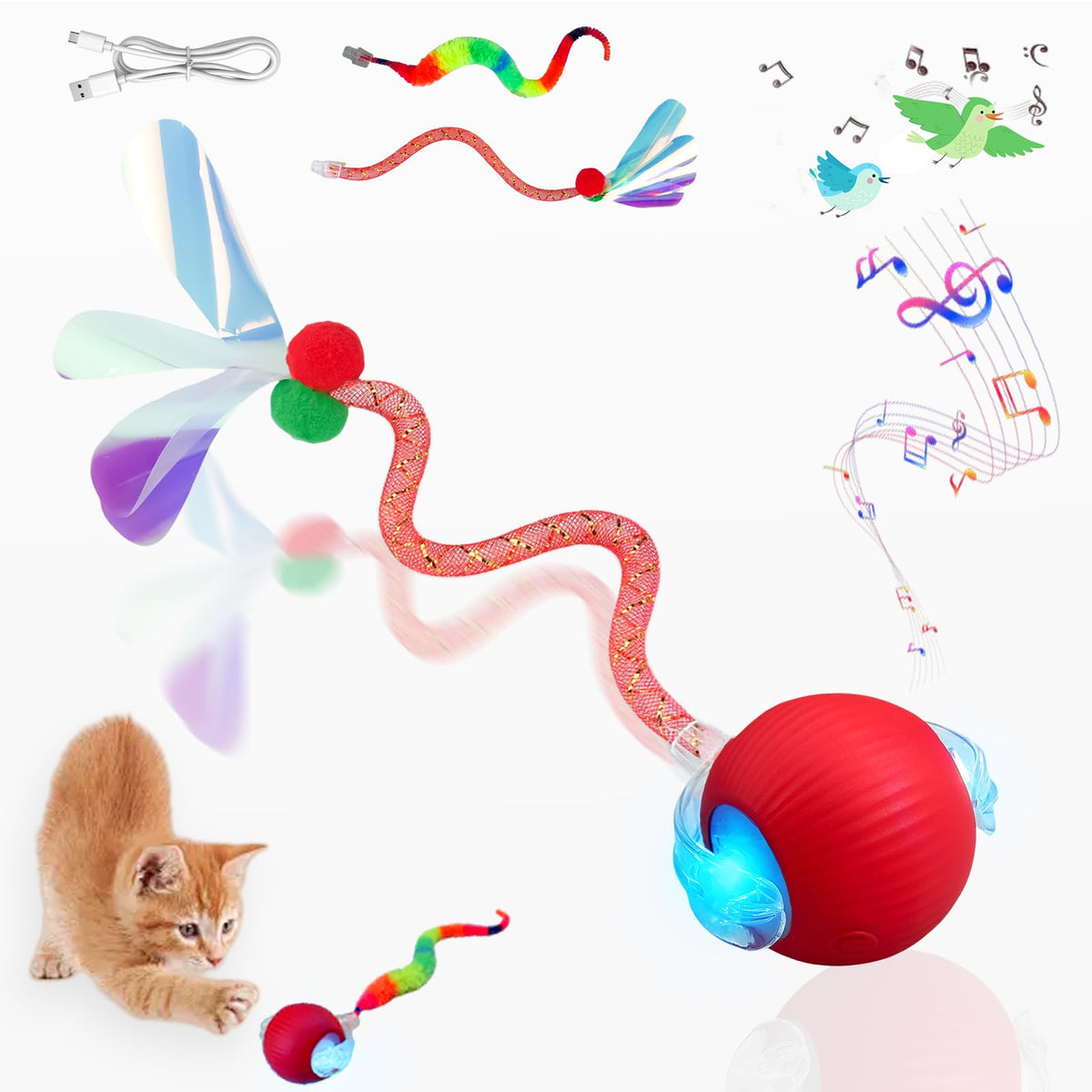 Yaruiguang Speedy Tail 2.0 red side view cat ball toy promotes active chase play.