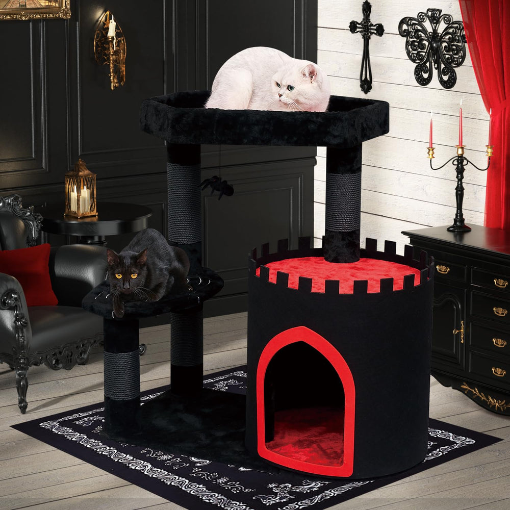 YARUOMY Gothic Cat Tree Castle exterior showcases dramatic black design for stylish play areas.