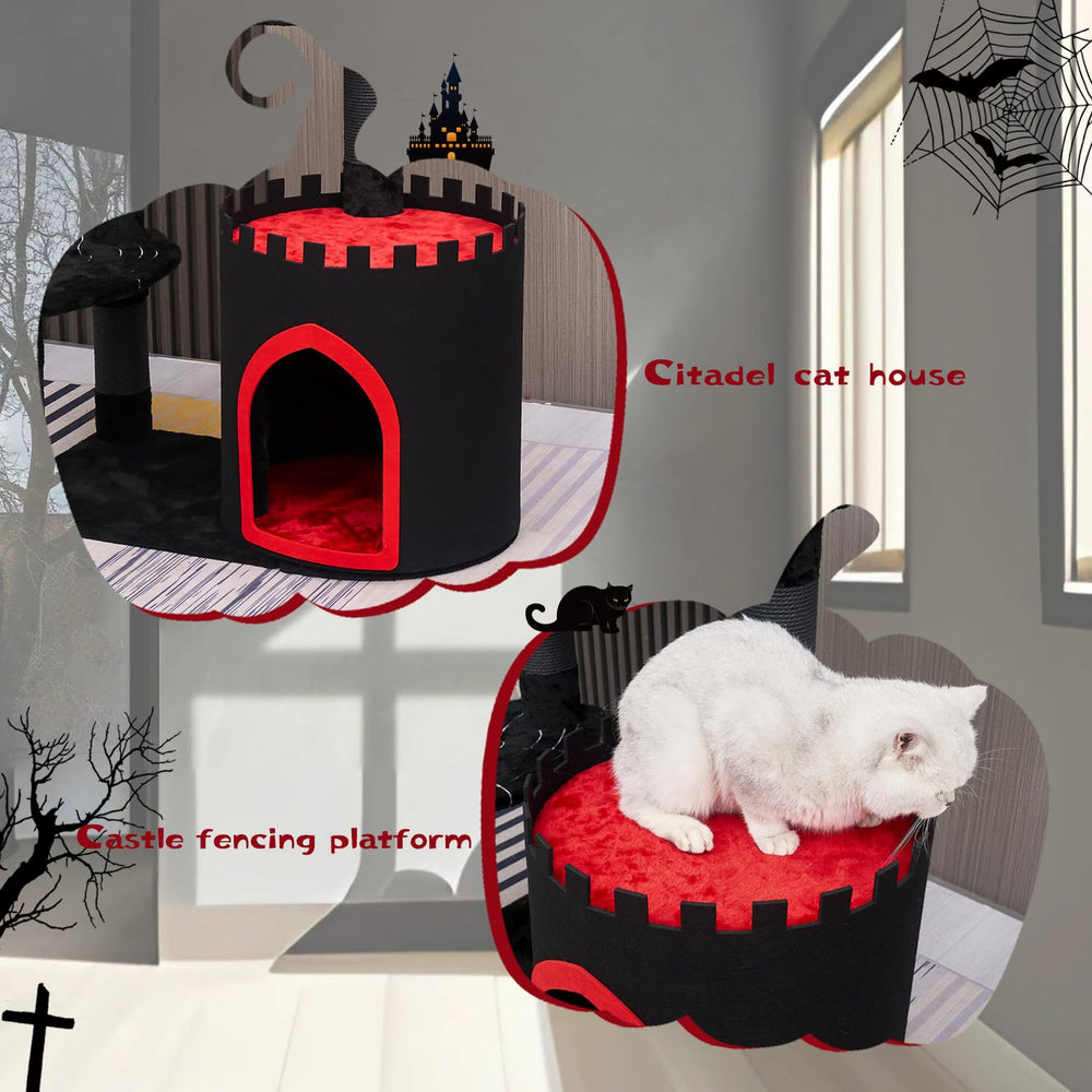 YARUOMY Gothic Cat Tree Castle spider ball offers tempting swinging play for curious cats.