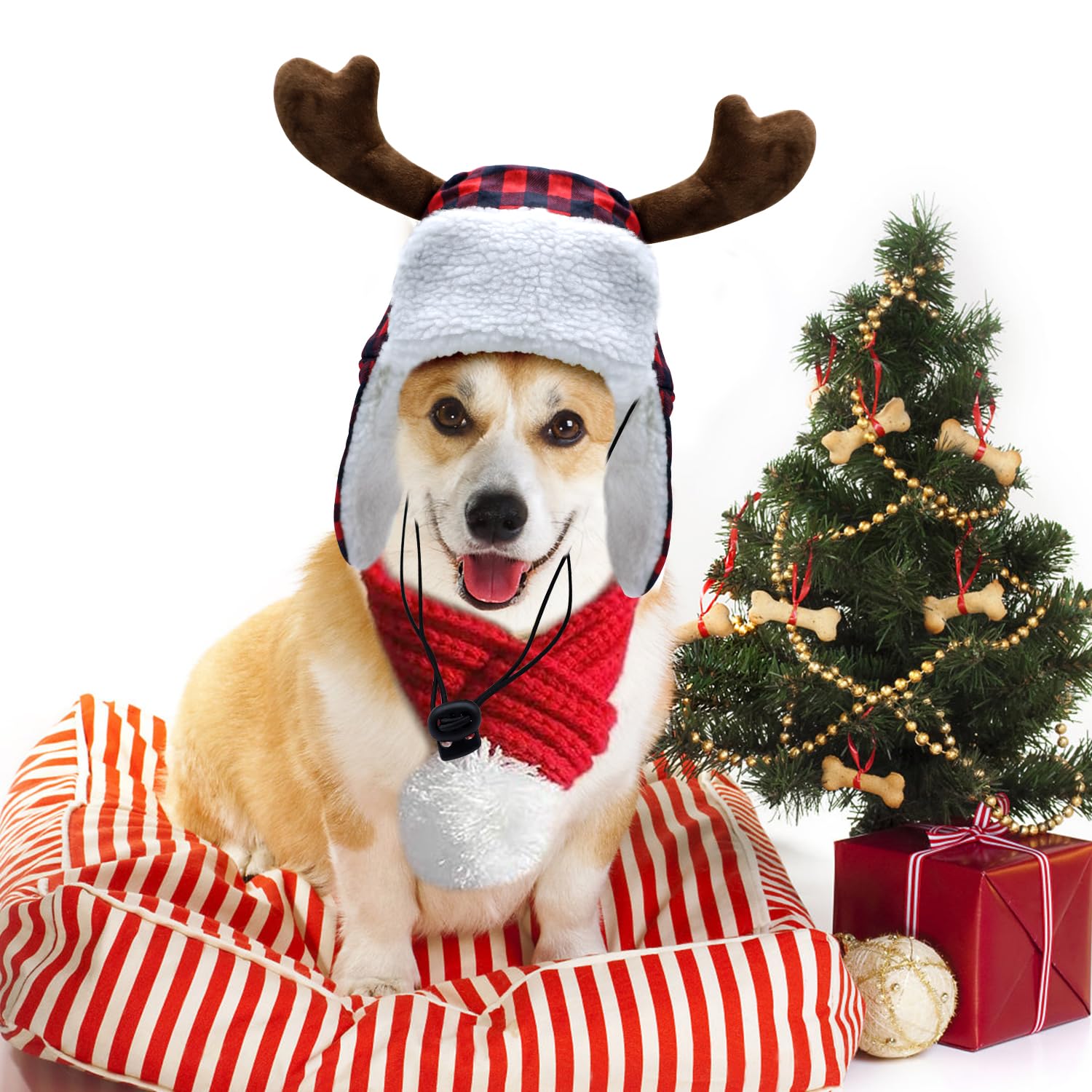 YASUTGAS red-striped scarf with white pom-poms adds festive flair.