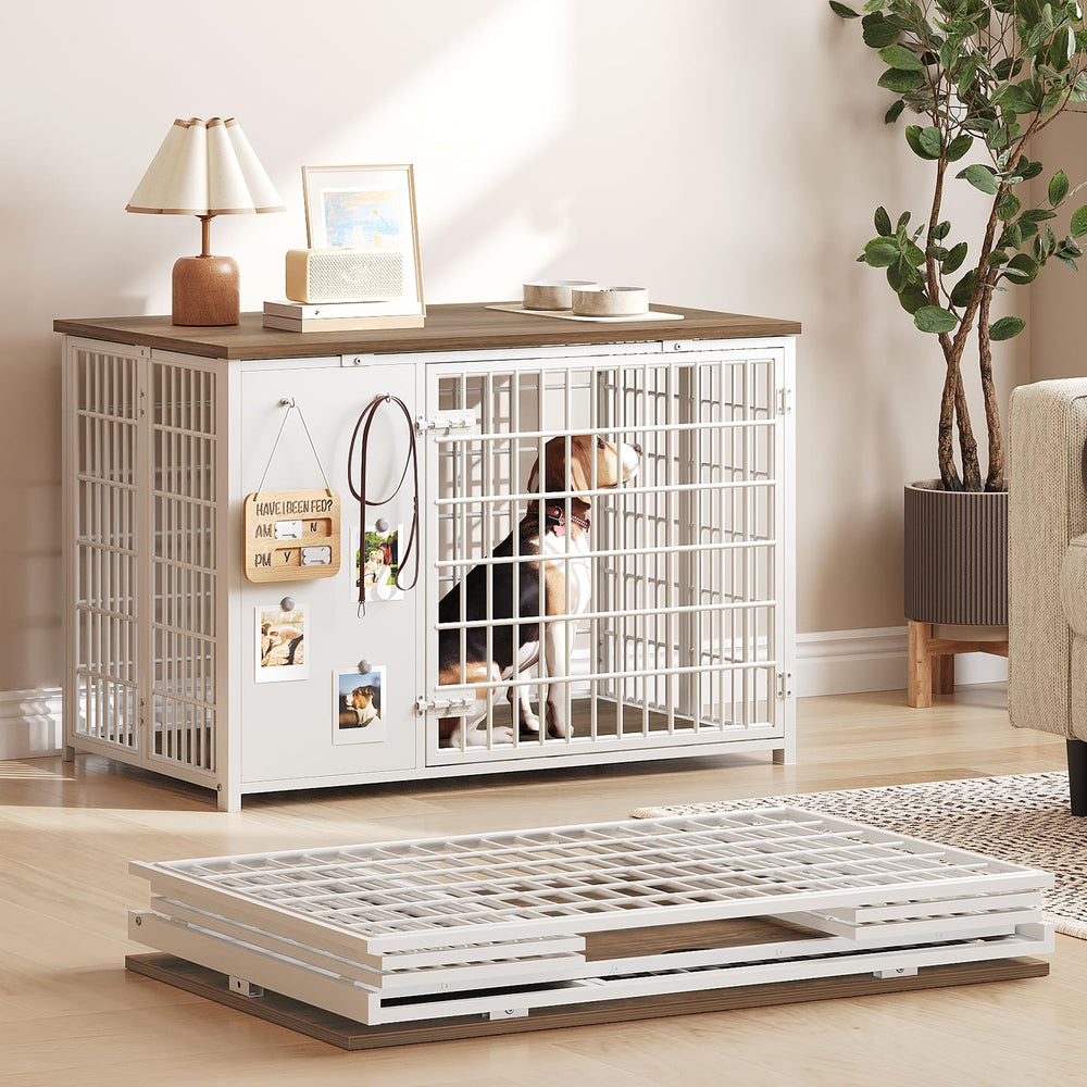 YATINEY foldable dog crate furniture shows quick setup for instant pet space.