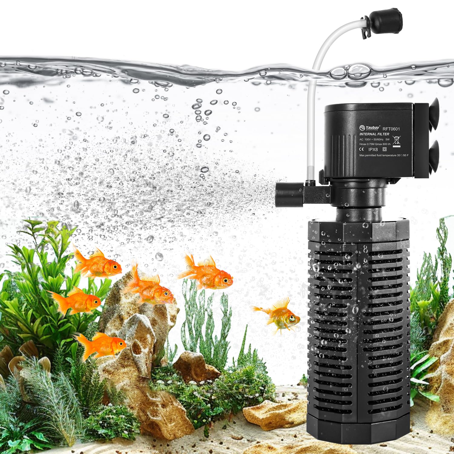 Yaubay aquarium internal filter with 360-degree suction for thorough filtration.