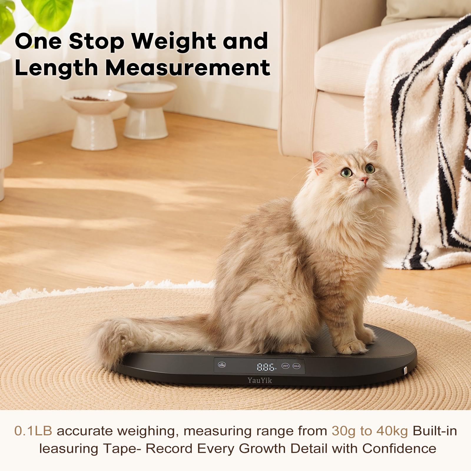 YauYik Pet Scale built-in 150 cm tape aids growth tracking after weigh-in.