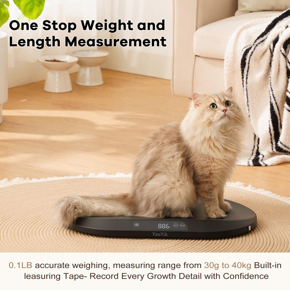 YauYik Pet Scale built-in 150 cm tape aids growth tracking after weigh-in.