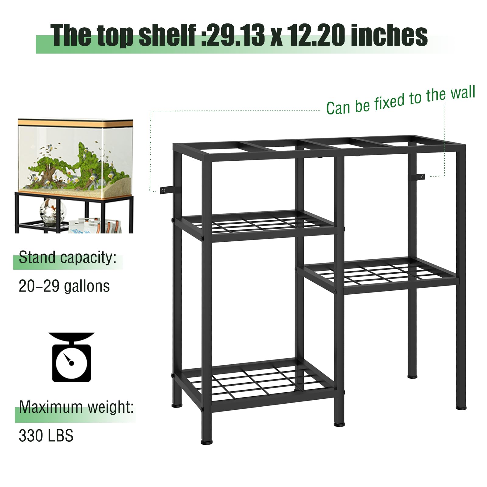 YBING fish tank stand black metal finish offers durable support and chic style