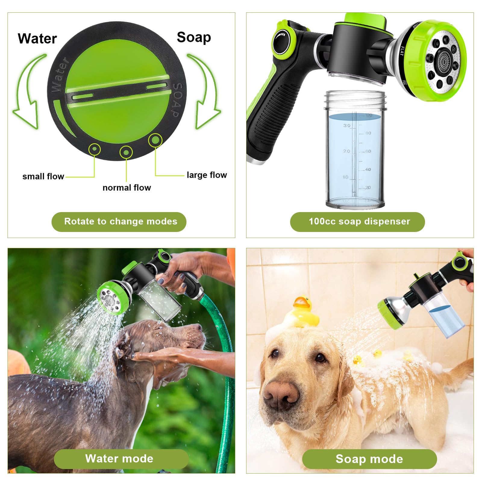 YCCOKJJ 8-in-1 nozzle with rotating head and varied spray patterns.