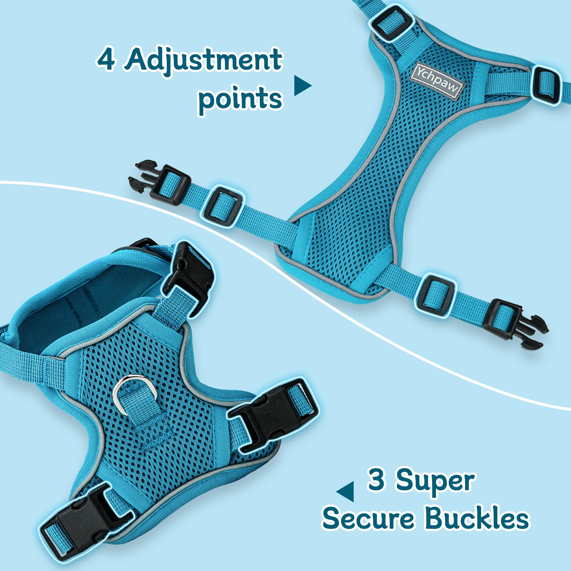 Ychpaw small dog harness turquoise three-buckle setup for easy step-in wearing.