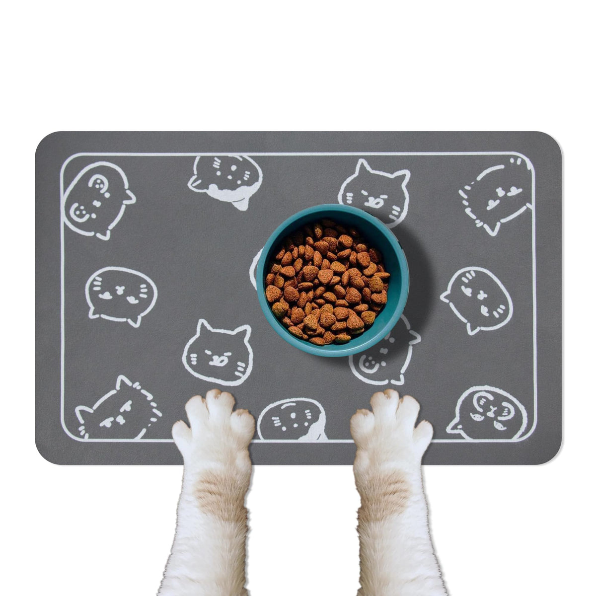 YCT Cat Food Mat with non-slip back keeps bowls stable and floors clean.