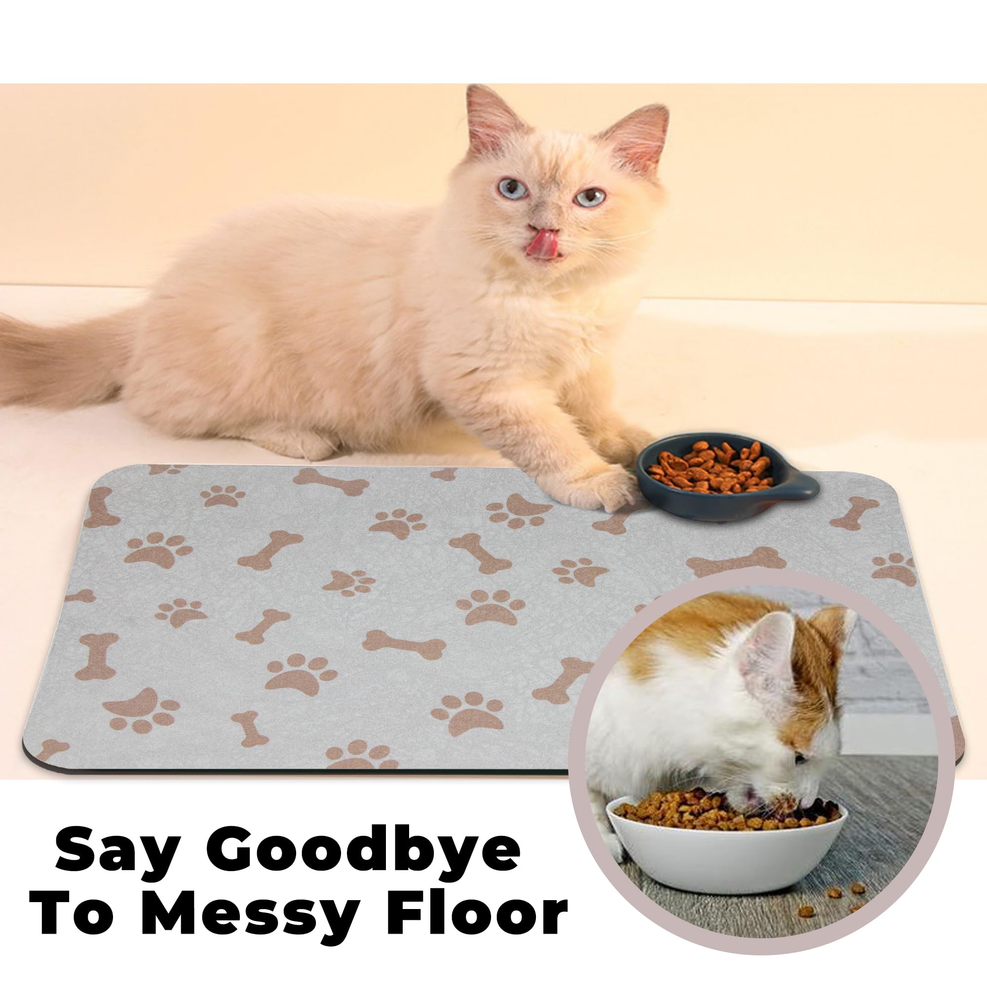 YCT mat placed under bowls enhances pet feeding area management.