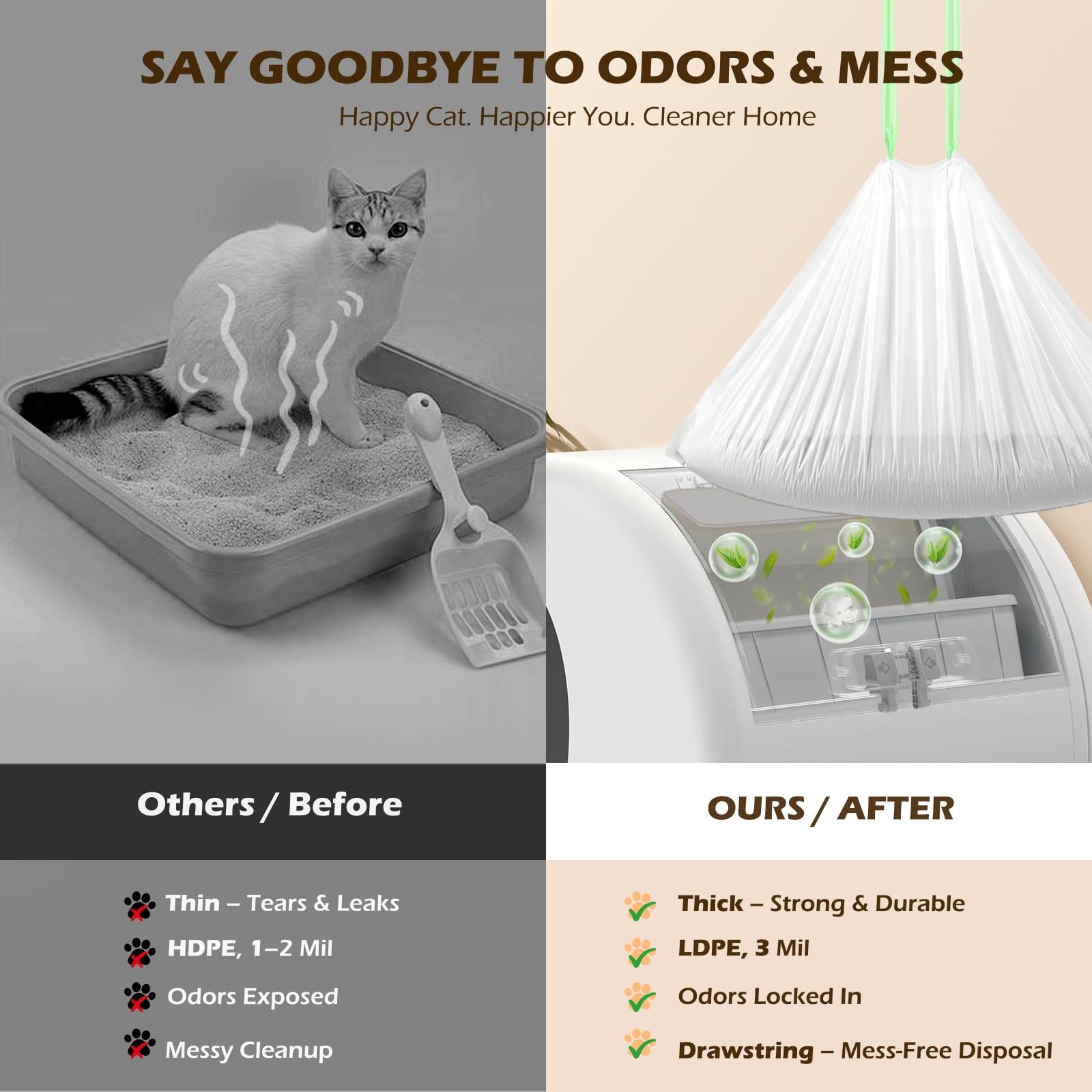 YEAHGO 30-pack cat litter liners ensures regular replacements in busy homes.