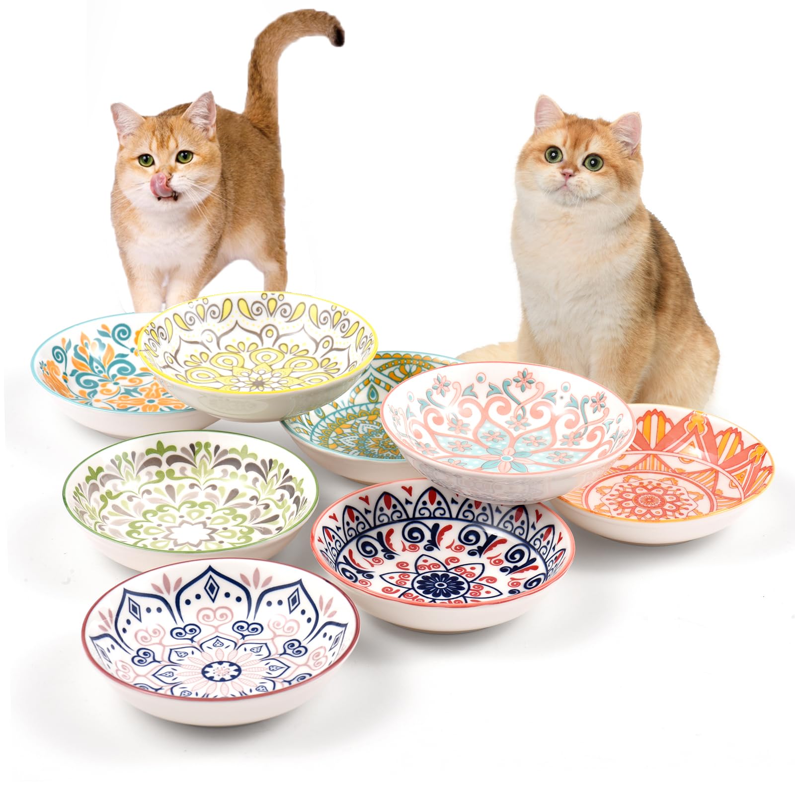 YEAHGO cat bowls set with eight colorful patterns boosts mealtime engagement for indoor cats