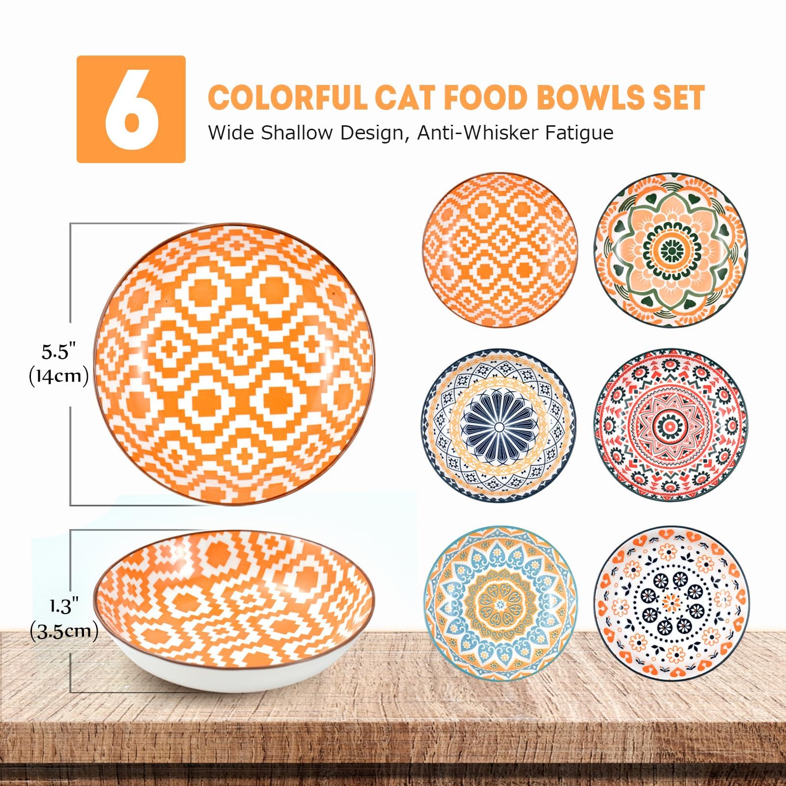 YEAHGO ceramic cat bowls top-down view highlights shallow depth and whisker relief.