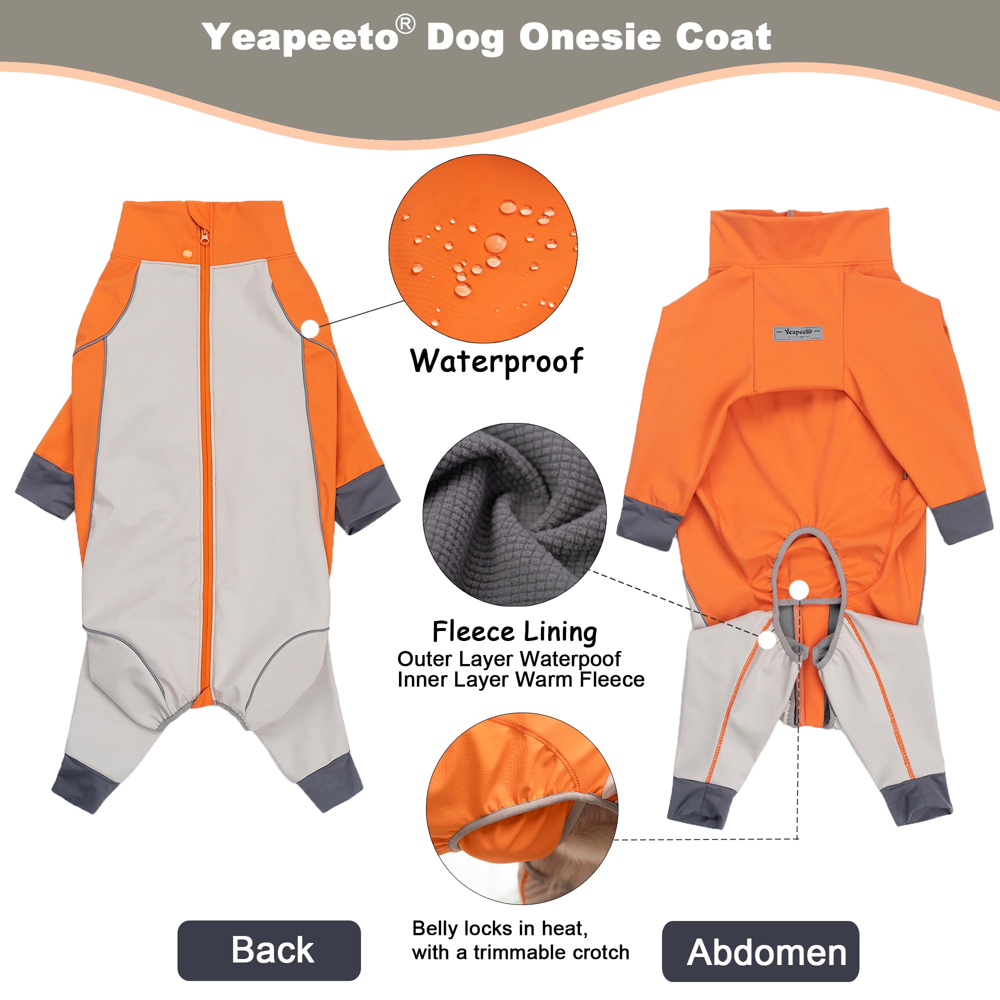 Yeapeeto dog full body winter coat orange side view highlights reflective strips for nighttime safety