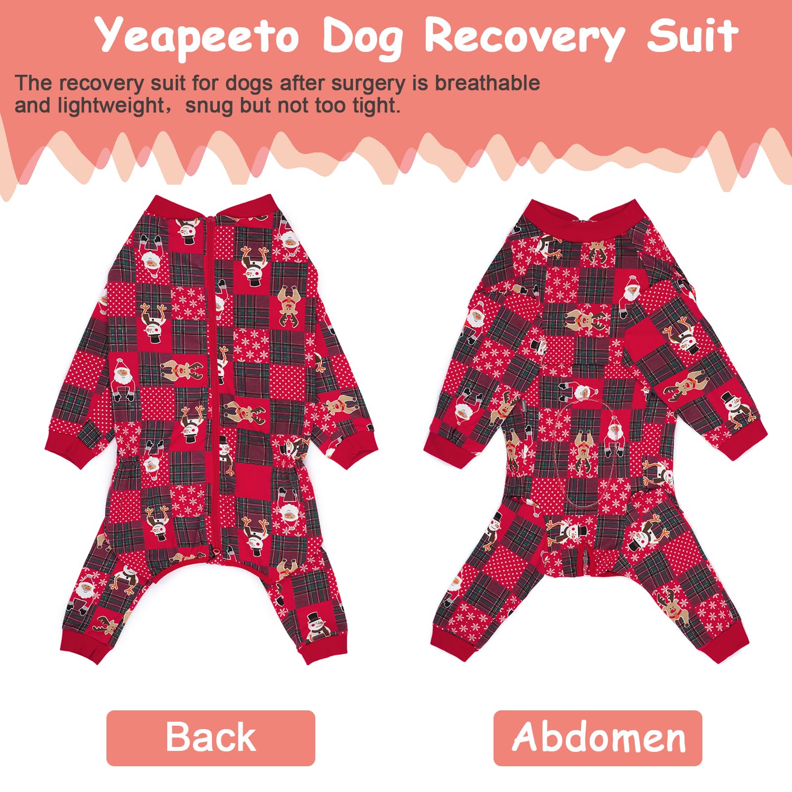 Yeapeeto dog recovery onesie back view showing leg coverage for licking prevention