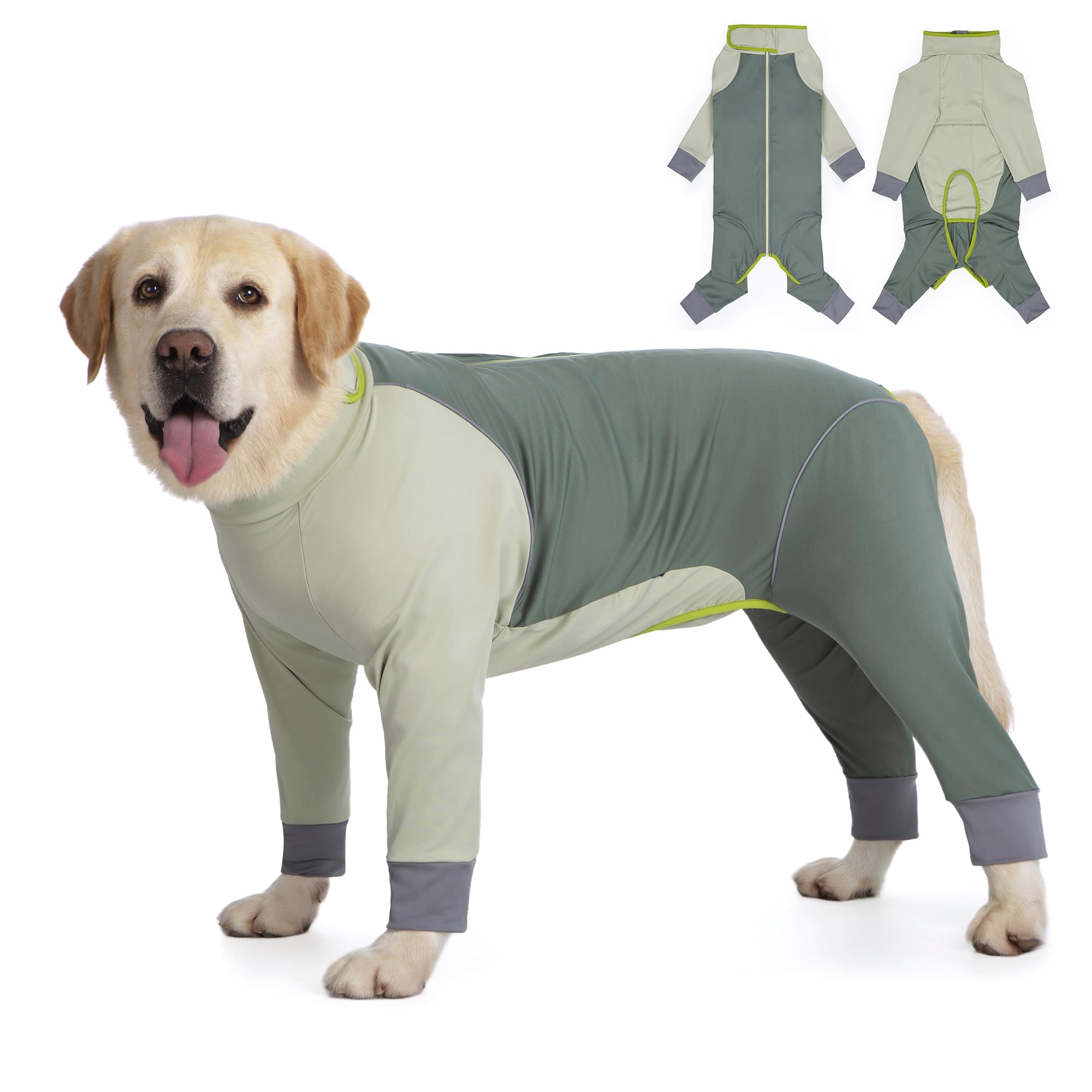 Yeapeeto Dog Onesie Coat olive green back view for outdoor protection.