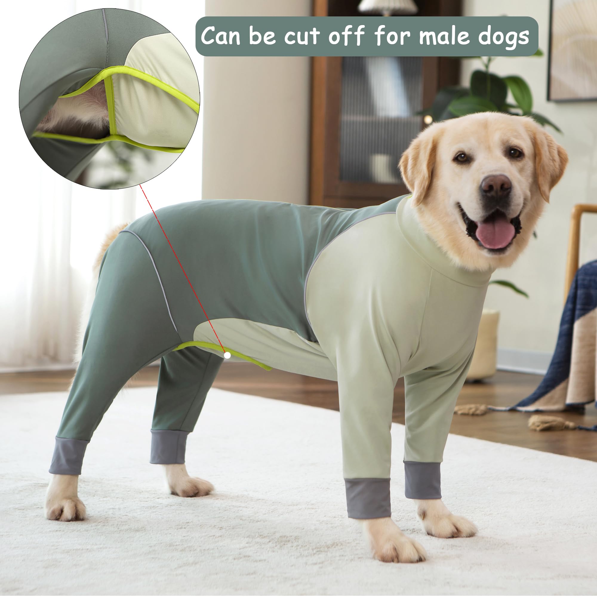 Yeapeeto Dog Onesie Coat reflective strips improve nighttime visibility.