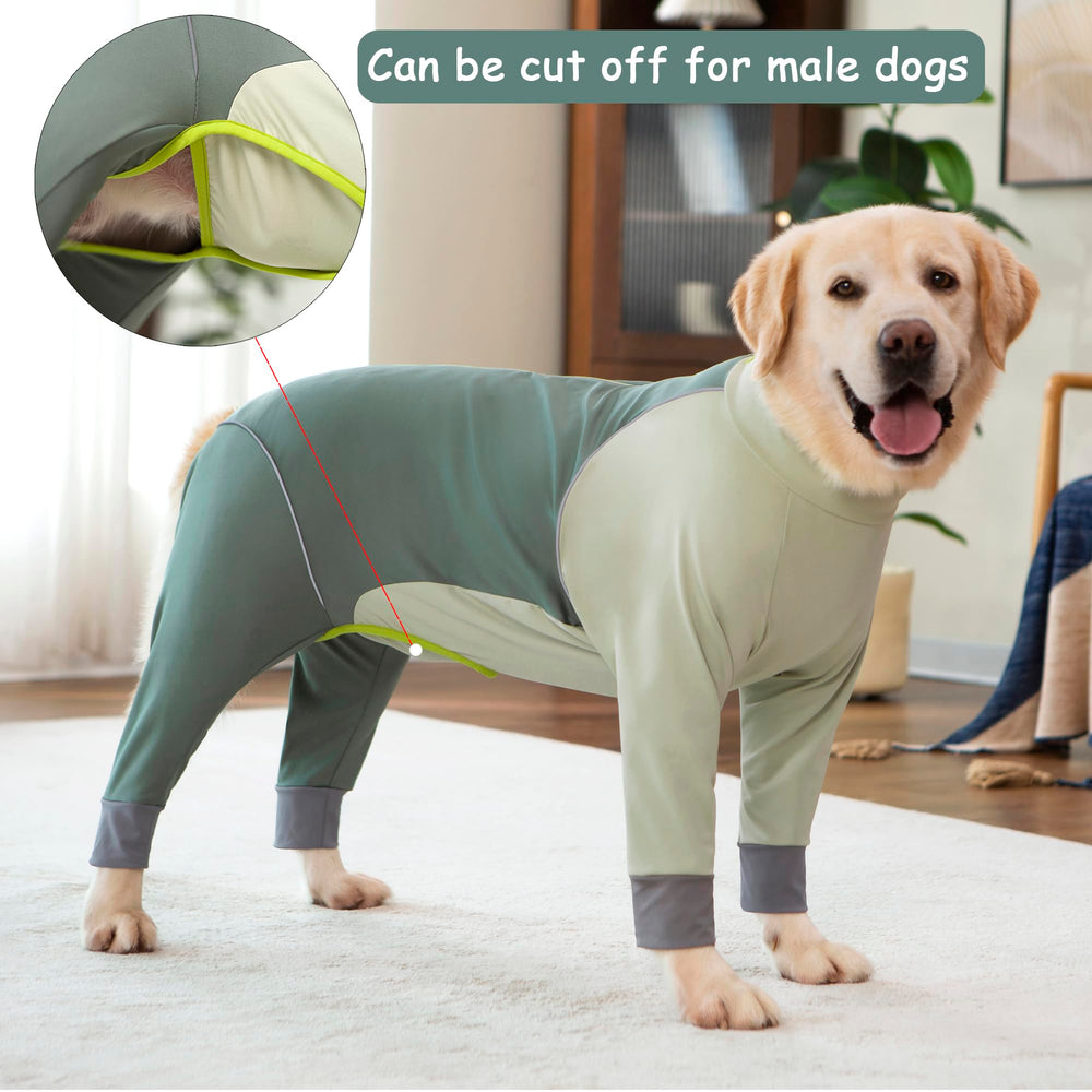 Yeapeeto Dog Onesie Coat reflective strips improve nighttime visibility.