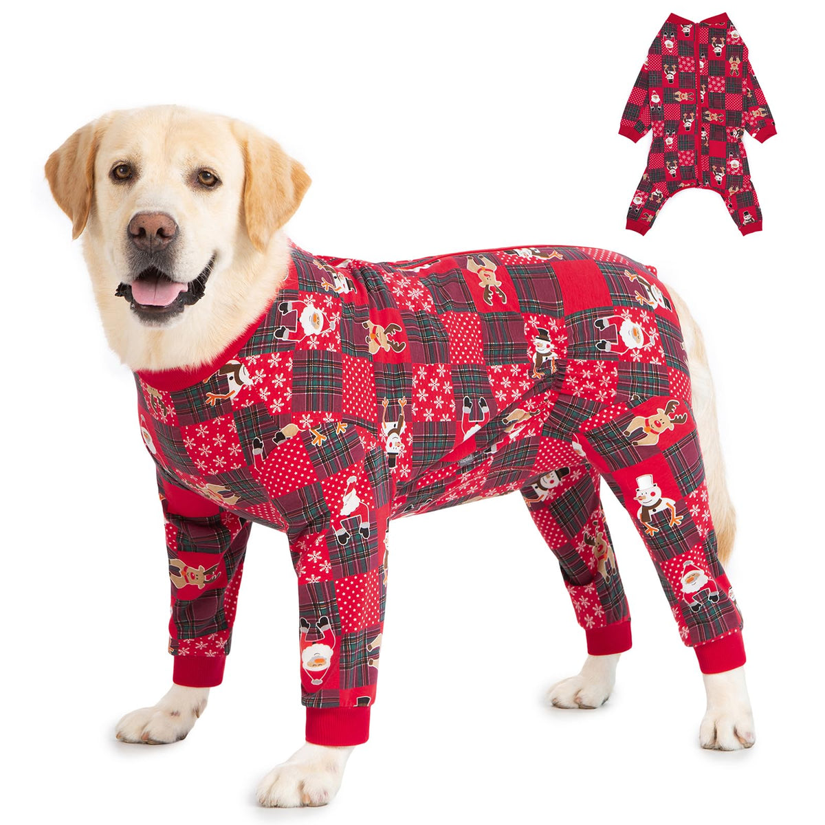 Yeapeeto dog recovery onesie front view in Xmas red for wound protection and comfort