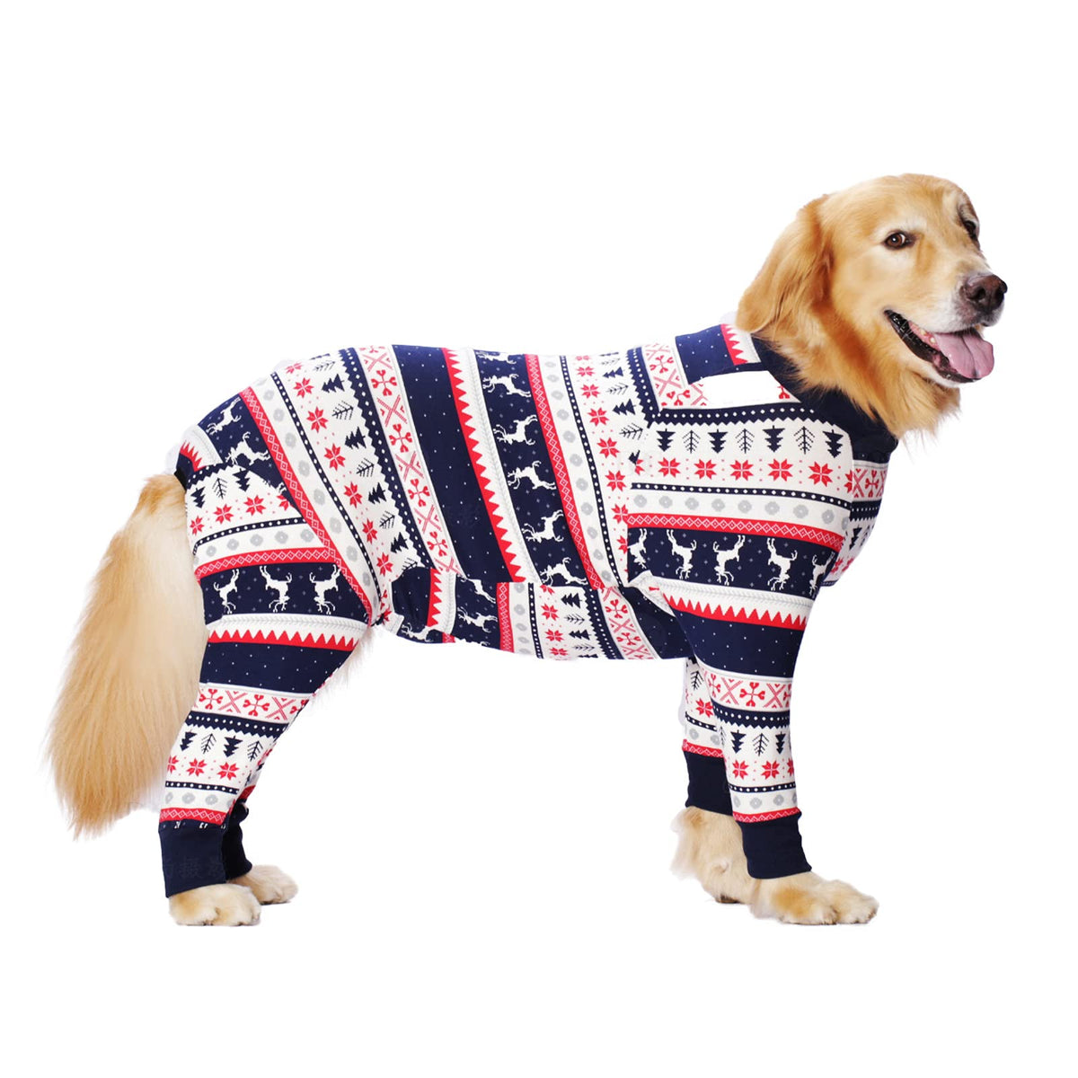 Yeapeeto dog recovery suit front view in Christmas Blue provides comfortable post-surgery coverage