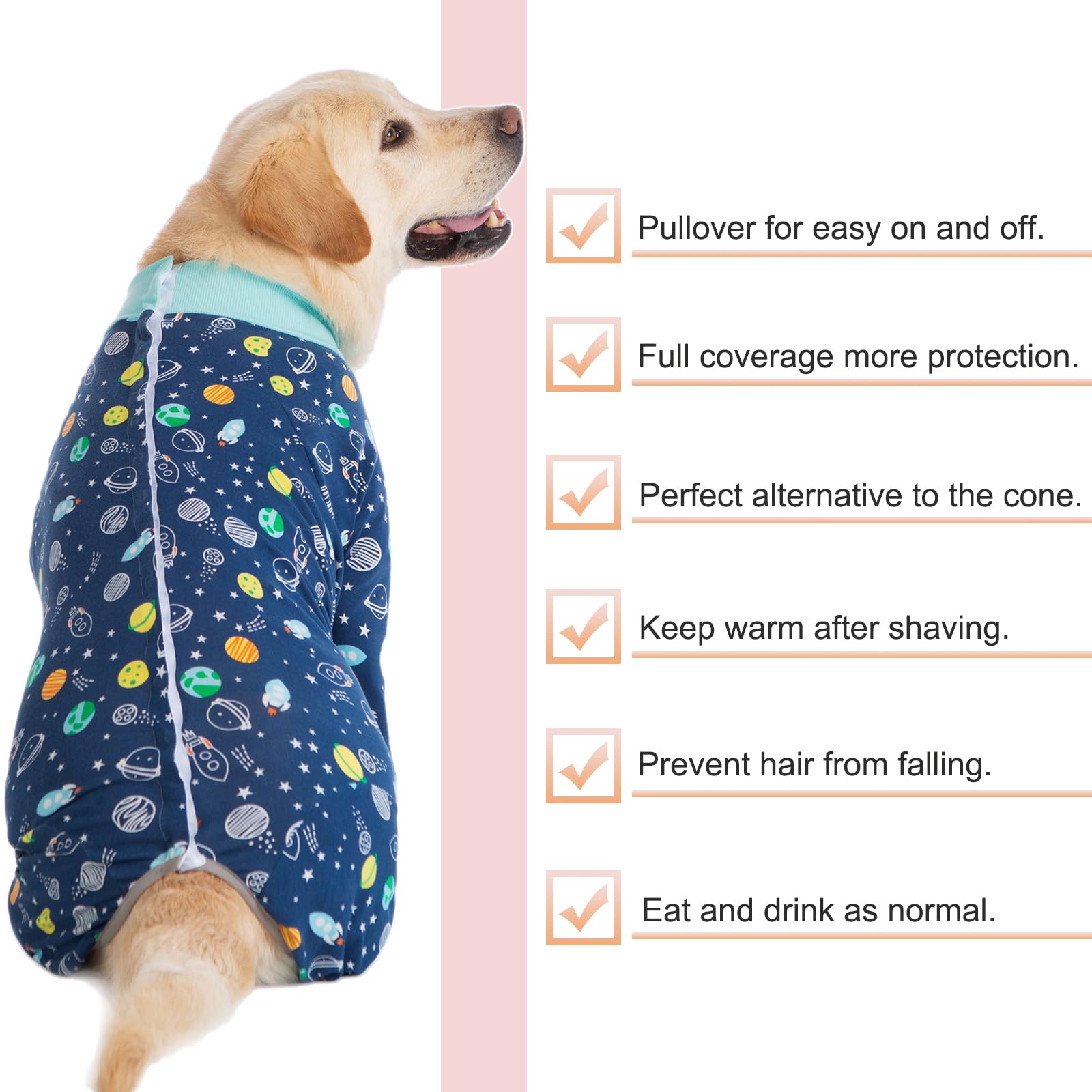 Yeapeeto Recovery Suit multi-use pajamas-style, keeps fur tidy indoors and during travel.