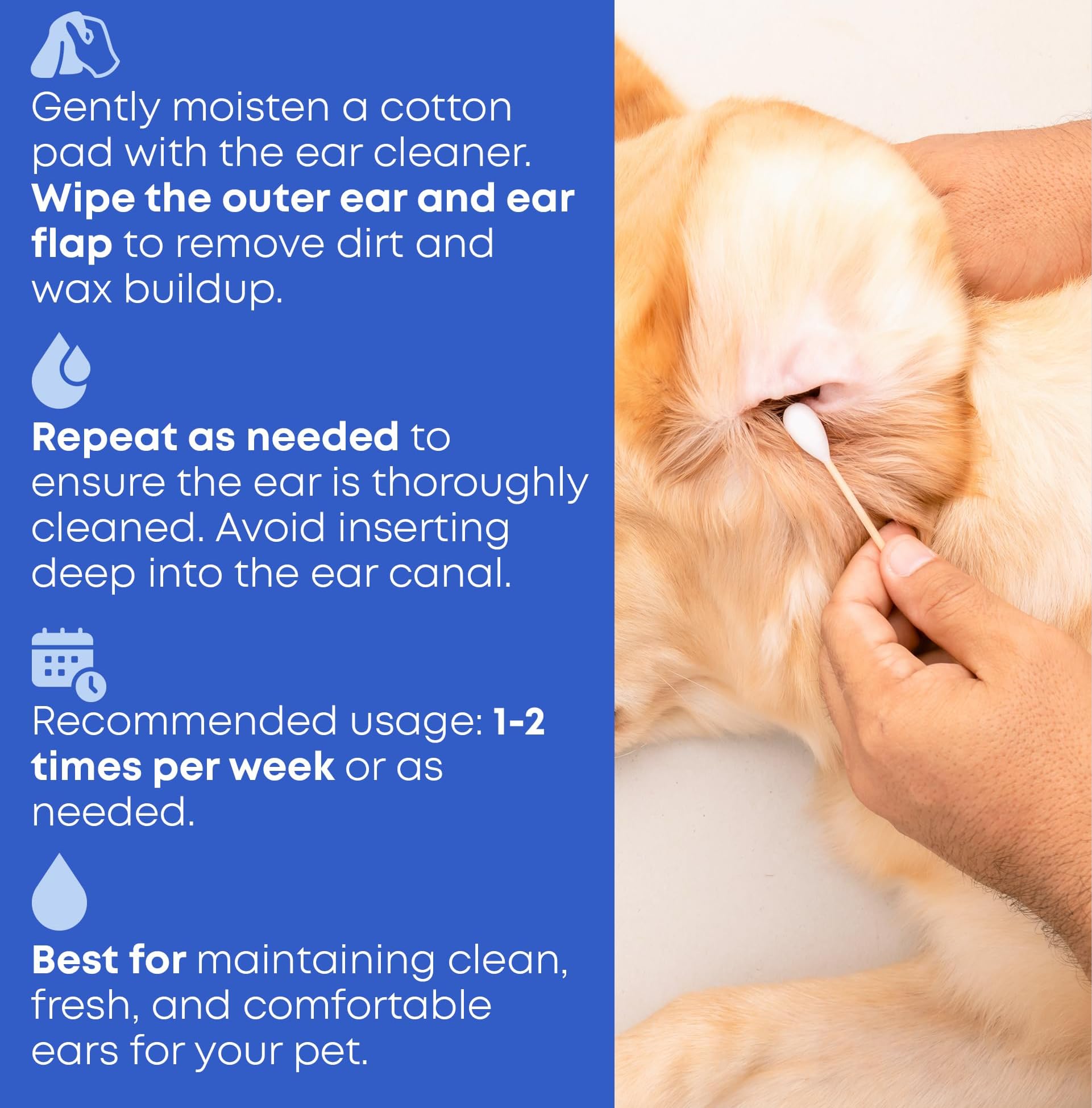 Yeast Otic Ear Cleaner Drops and Wash Solution action shows gentle flush for ongoing ear care