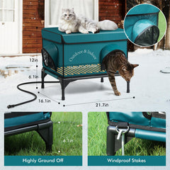 Yeatruojeet heated cat house elevated legs keep interior dry and elevated from wet ground.