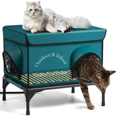 Yeatruojeet heated cat house exterior blue front view shows weatherproof shelter for outdoor cats.
