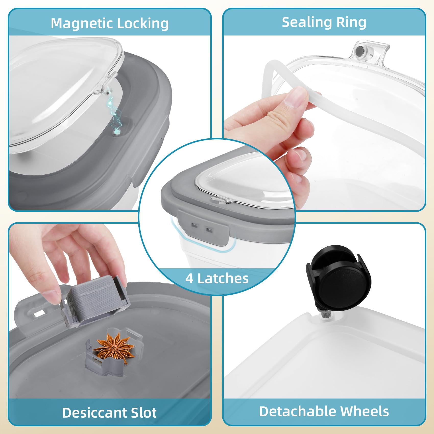 YECERCAN dog food container detachable wheels enable easy movement even when full.