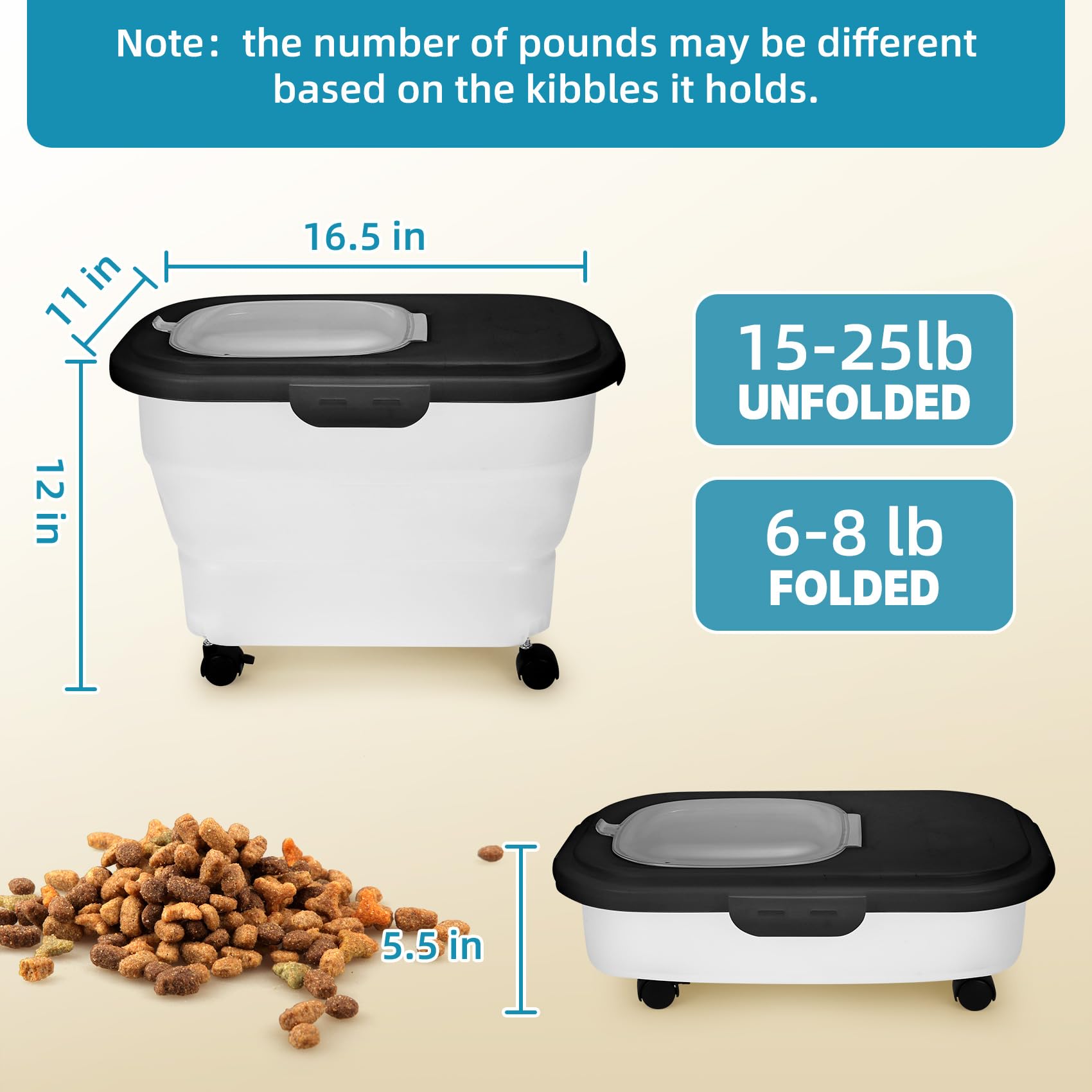 YECERCAN dog food container wheels enable easy movement even when full.