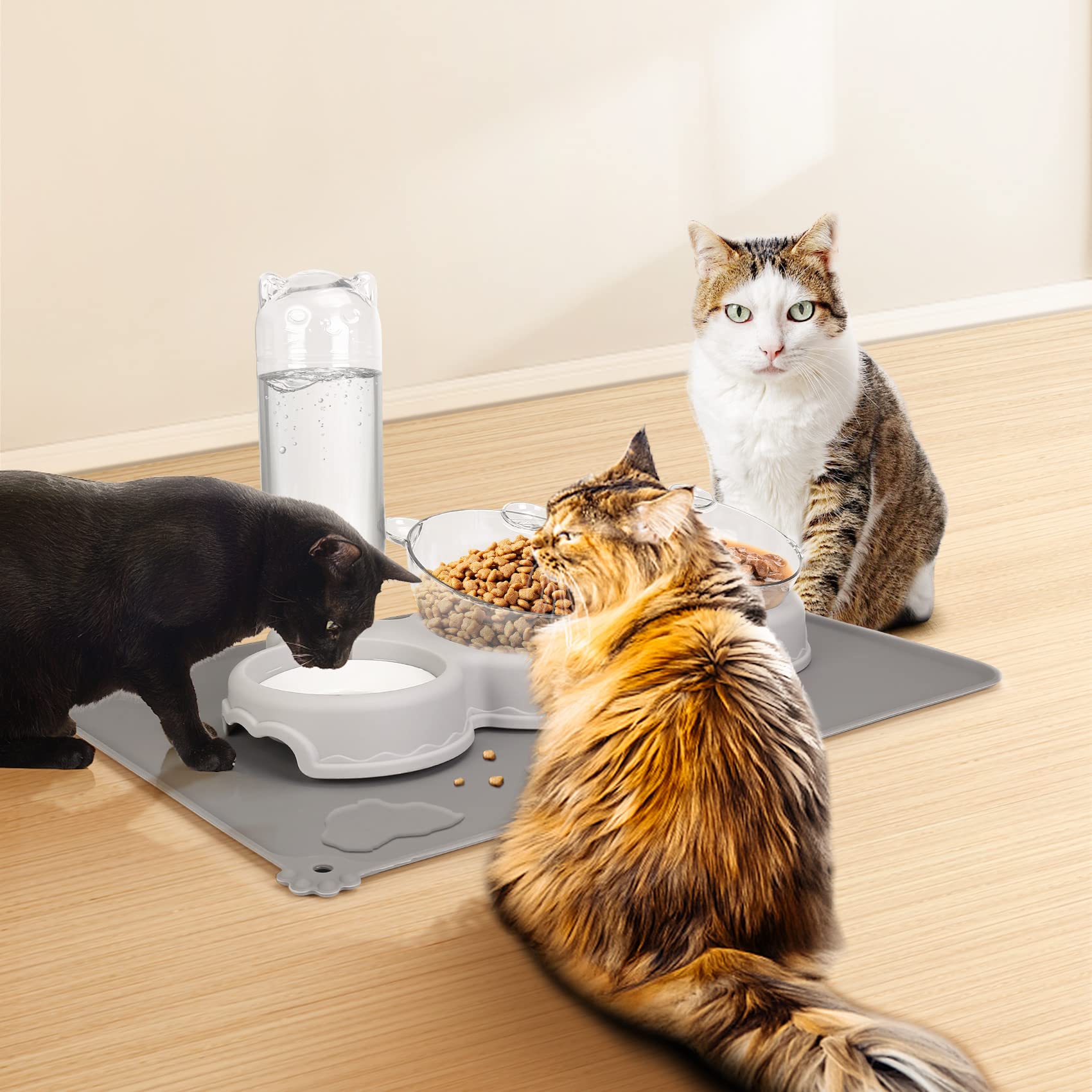 YECERCAN triple cat bowls durable plastic emphasizes BPA-free safety.