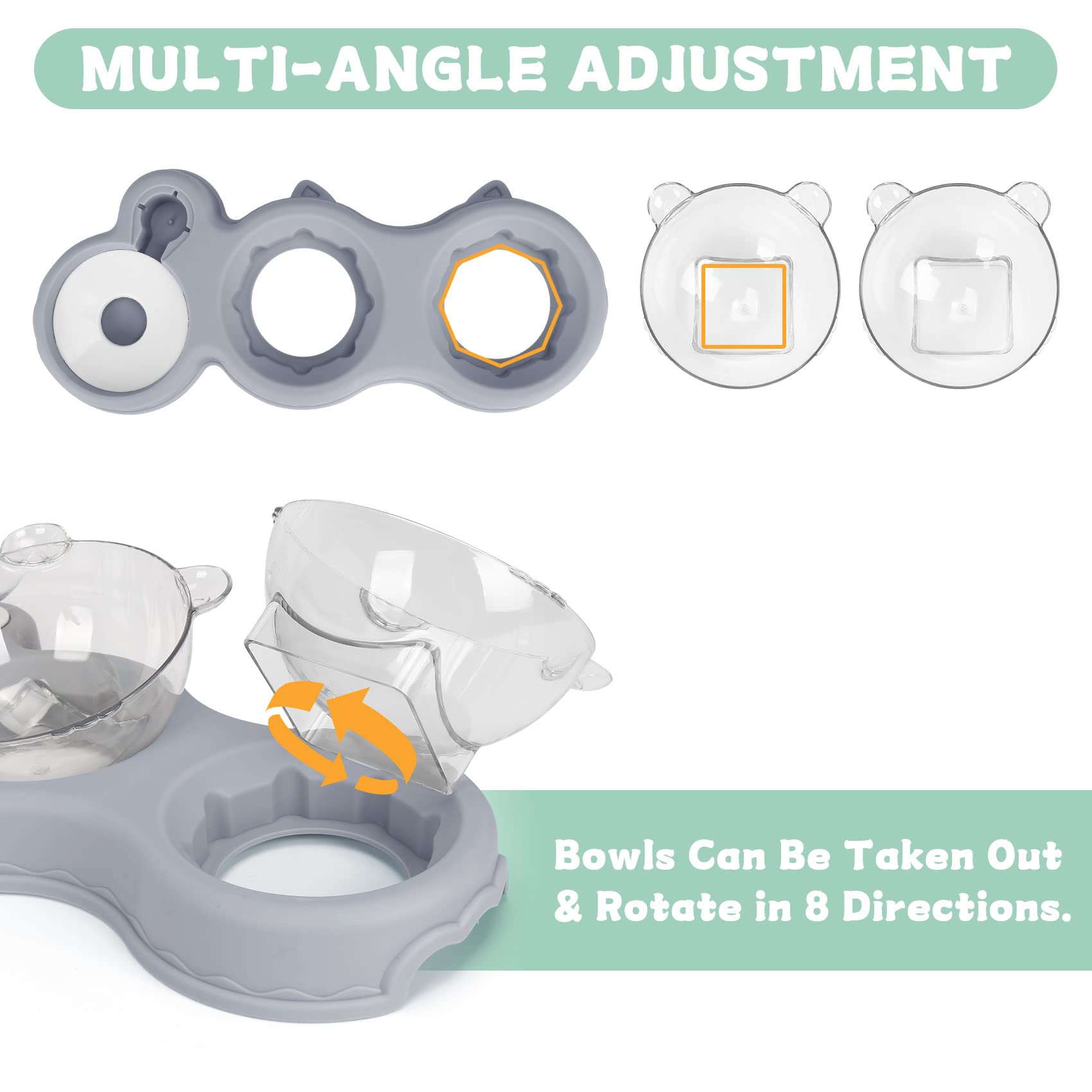 YECERCAN triple cat bowls raised stand highlights neck-friendly 15-degree tilt.