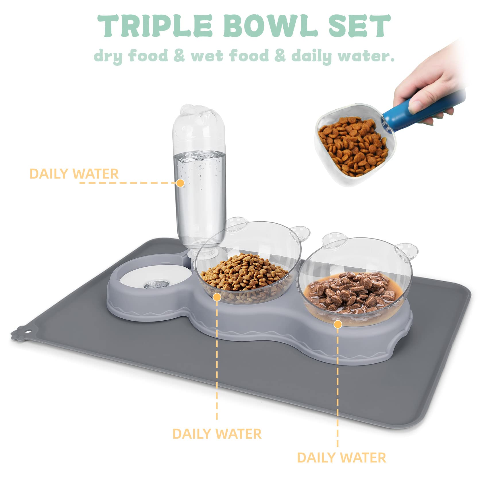YECERCAN triple cat bowls silicone mat helps contain spills and protect floors.