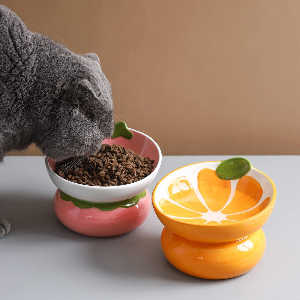 Yeexoxow orange cat bowl in a mealtime scene demonstrates compact size for small portions