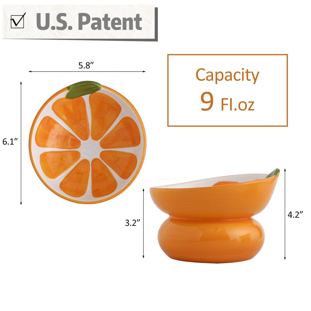Yeexoxow orange cat bowl side elevated view highlights a 15-degree tilt for whisker-friendly dining