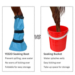 yeezo hoof soaking boot worn on horse leg illustrates stable positioning.