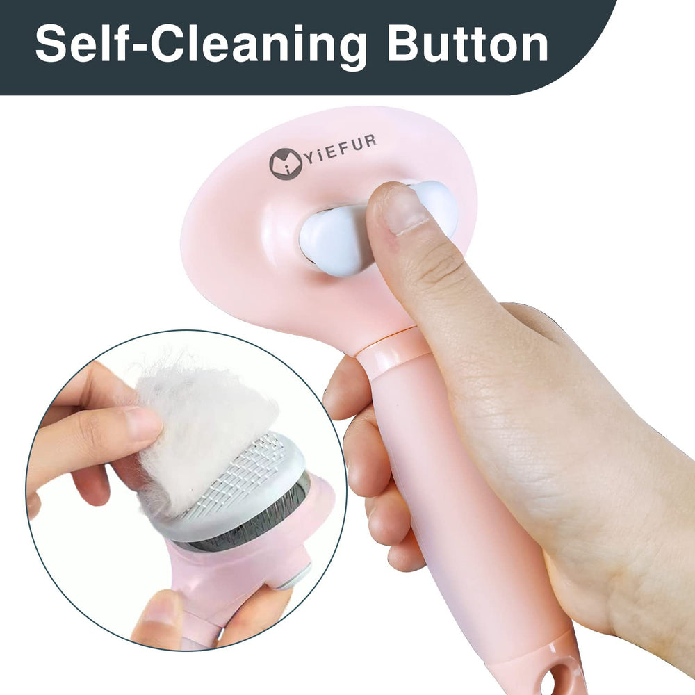 YiEFUR grooming brush showing soft gel handle for comfy grooming sessions.
