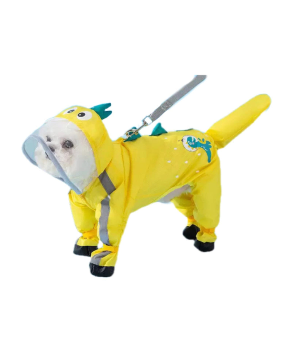 Yellow Dinosaur dog raincoat with hood keeps small dogs dry in rain