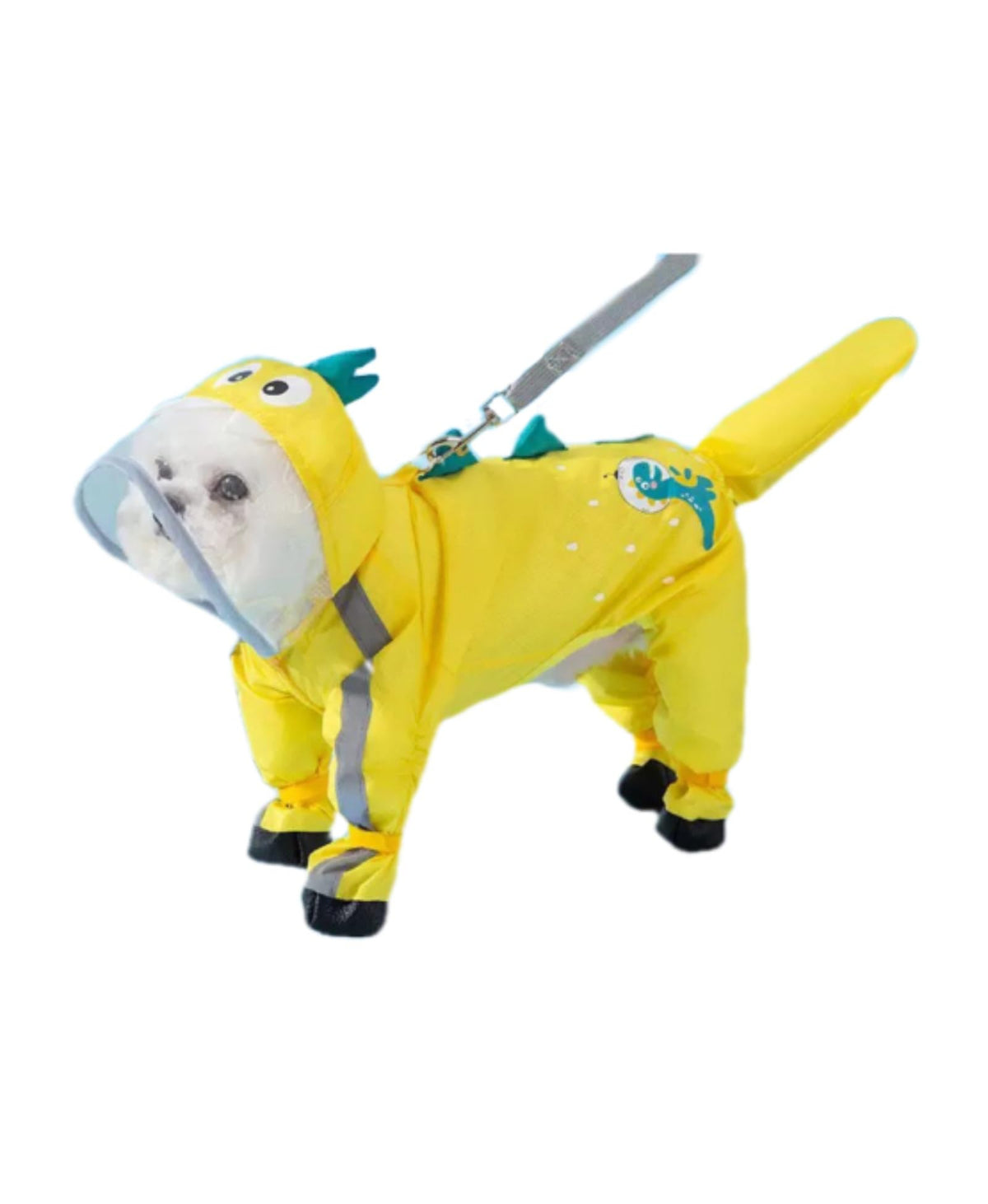 Yellow Dinosaur dog raincoat with hood keeps small dogs dry in rain