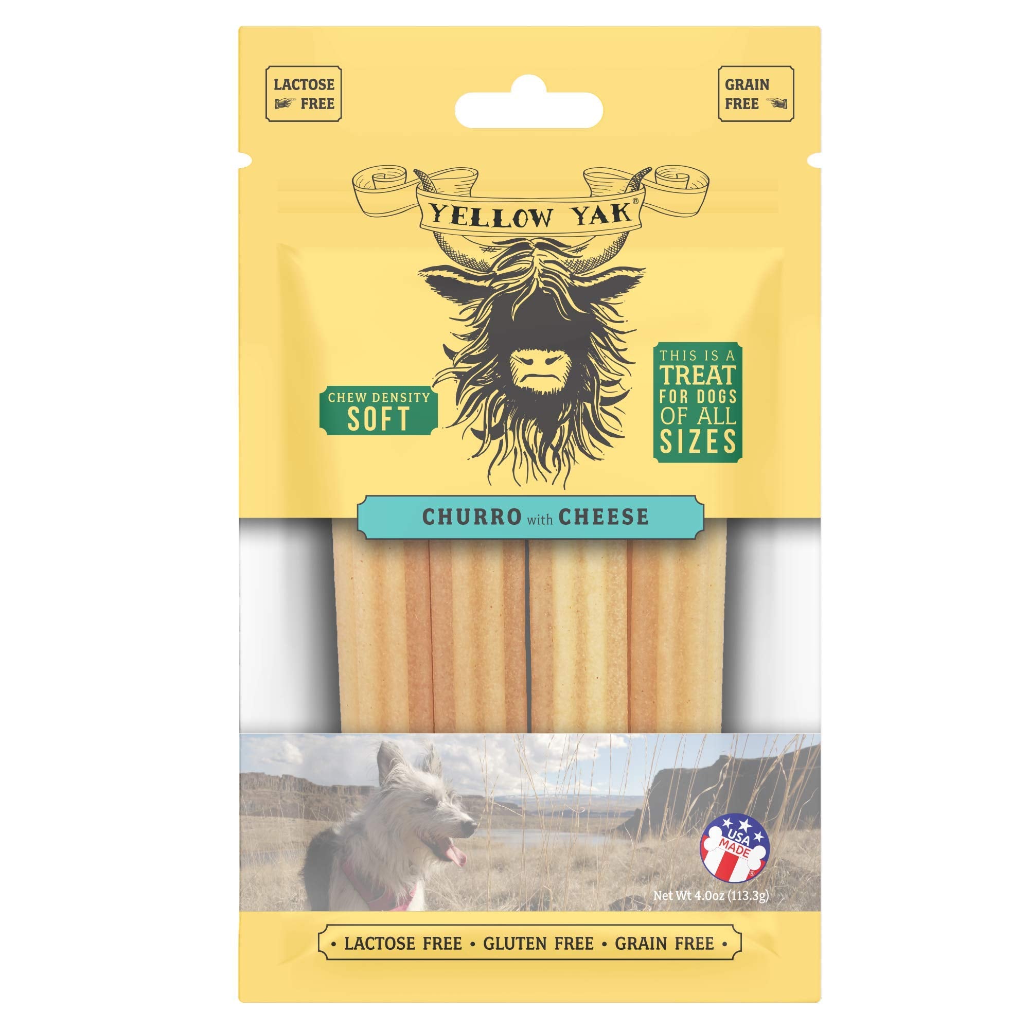 Yellow Yak Churro Chew packaging front showing USA-made real cheese treat for all dogs.