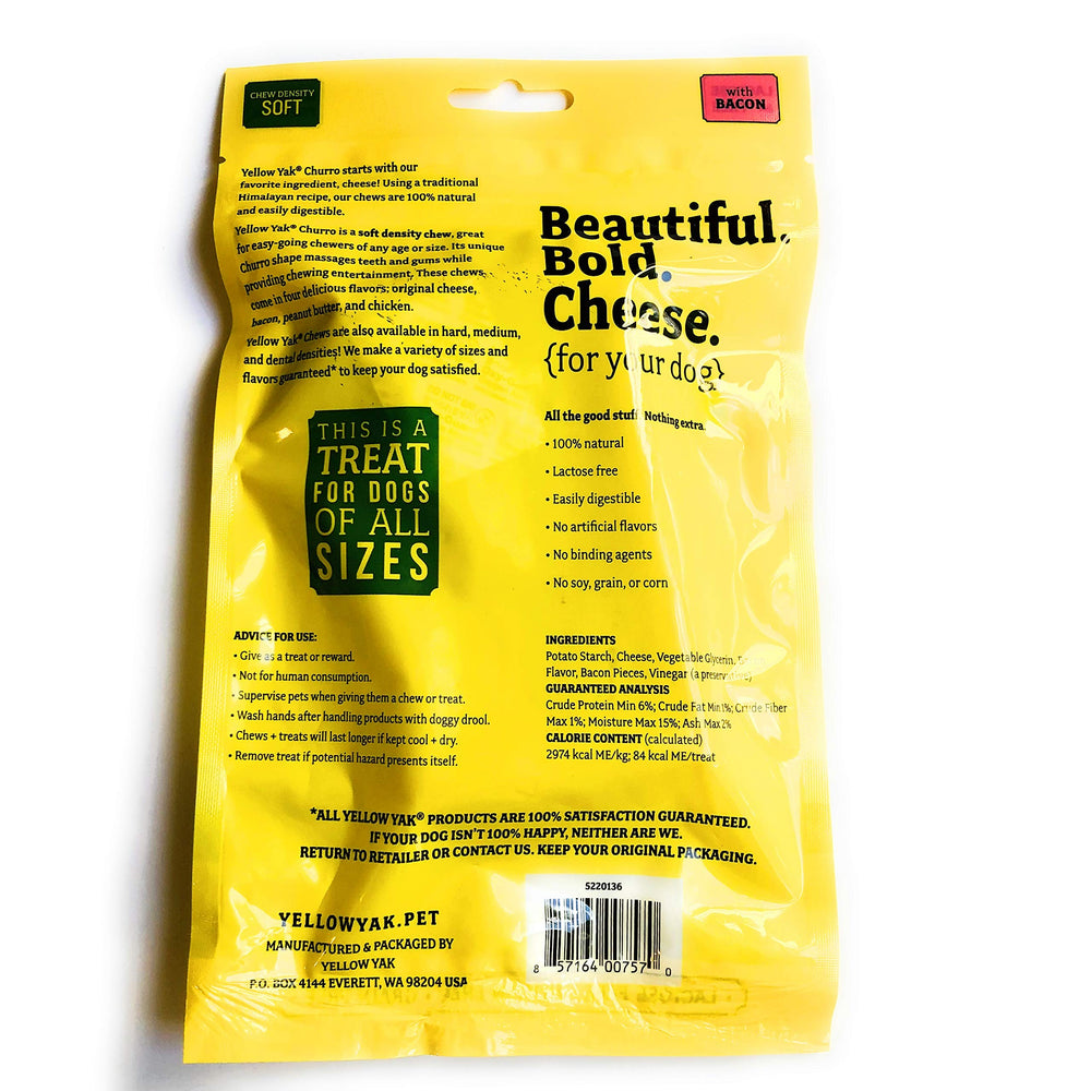 Yellow Yak Churro Chew bacon-flavor bag close-up, a tasty reward for dogs.
