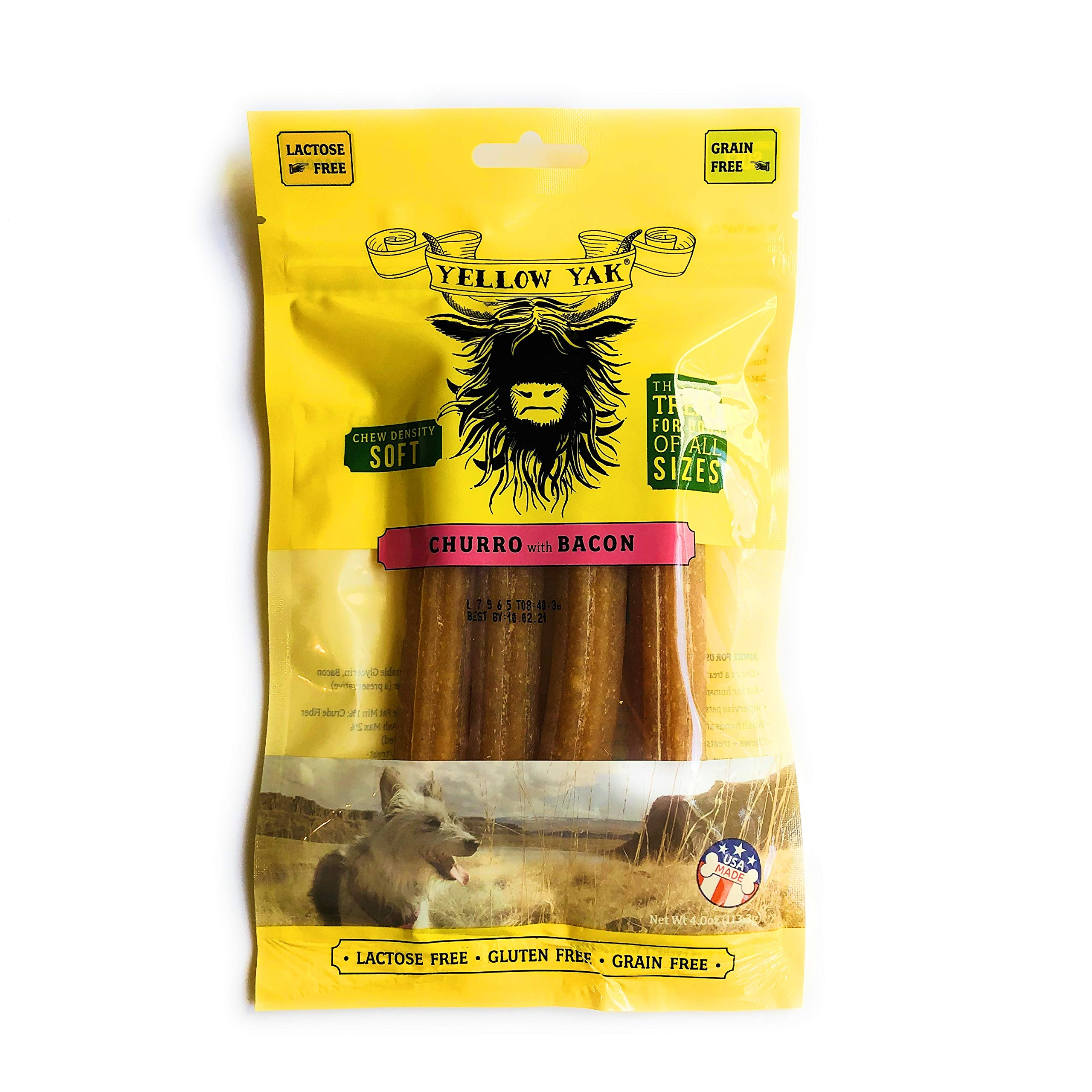 Yellow Yak Churro Chew soft-density display ideal for gentle dental cleaning.