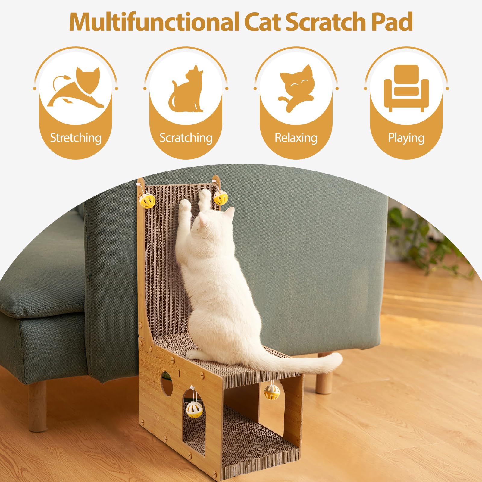 YEMOO cat-scratcher wood frame detail highlights sturdy construction and eco-friendly design