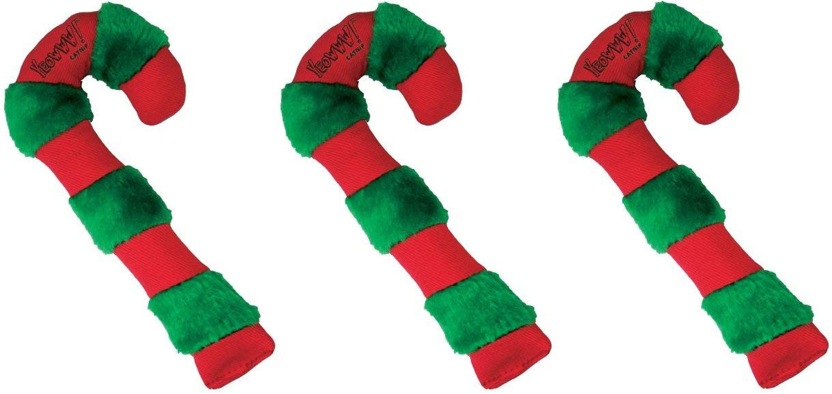 Yeowww! Candy cane catnip toy close-up for interactive play and scent stimulation